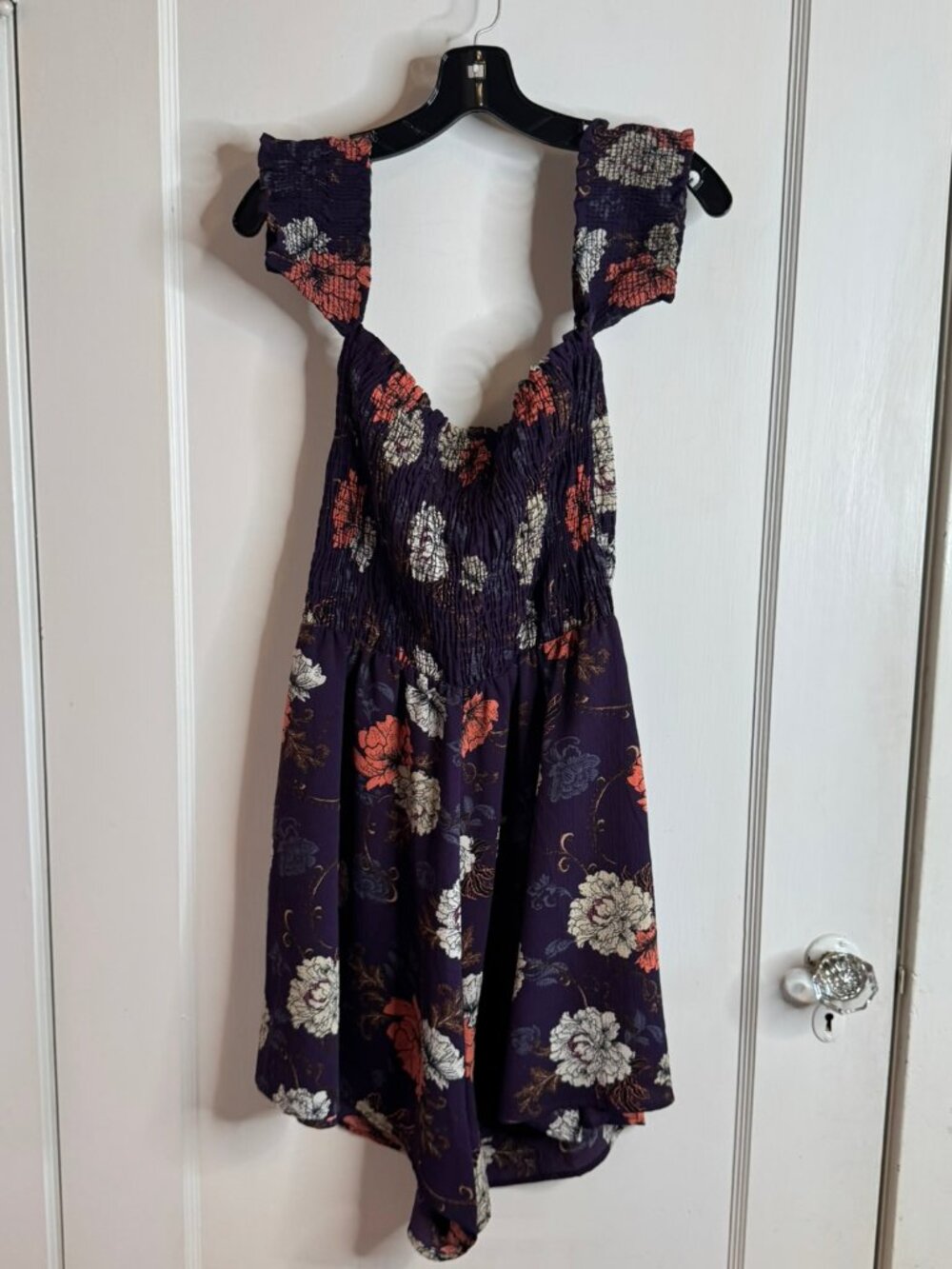Coverstitched Purple Floral Off Shoulder Smocked Romper sz XL